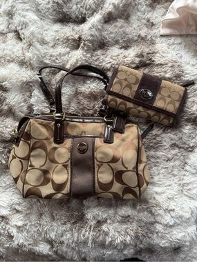 Coach Brown Signature Canvas Purse and Wallet Set